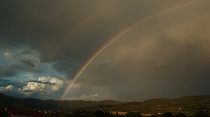 Vibrant rainbow arches over mountains after a summer rainstorm at dusk