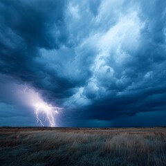 Dramatic lightning strikes illuminate a stormy sky over an open field at dusk