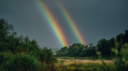 Rainbow arches illuminate the sky over a tranquil river surrounded by lush greenery after a summer rain