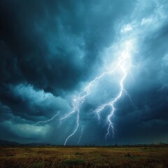 Lightning strikes illuminate a stormy sky over an open field during a dramatic weather event in the evening
