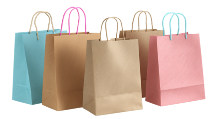 Five Pastel Paper Shopping Bags with Rope Handles, PNG