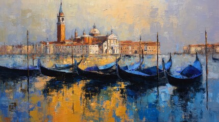 Colorful sunset over Venice with gondolas and historical architecture reflected in the water