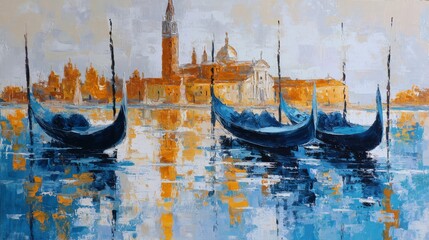 Gondolas float gracefully on the serene waters of Venice with historic architecture in the backdrop during a vibrant sunset