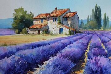 Lavender fields surround a rustic stone house on a sunny day in a scenic countryside setting