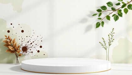 Modern display featuring circular podium on light colored background with abstract shapes. scene includes decorative elements like dried plants and green foliage, creating serene atmosphere