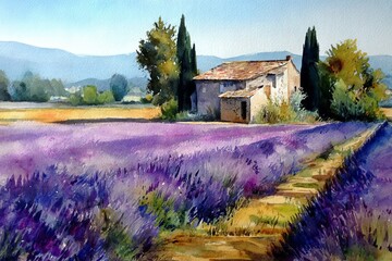 Lavender field with rustic house under blue sky in Provence during summer sunlight
