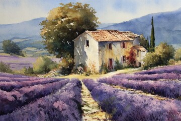 Purple lavender fields surround an old farmhouse in Provence during a sunny afternoon
