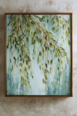 Leaves hang gracefully from a painted branch creating a serene atmosphere in an indoor space with a calming blue backdrop
