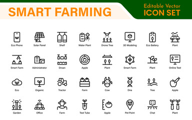 Modern Agritech and Smart Farming Icons – Clean Outline, Line Art, Vector Illustrations for Farm Technology, Automation, and Sustainable Agriculture Projects
