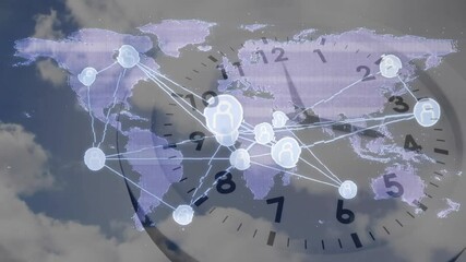 Analog clock face initiating glowing nodes and animating lines visualizing world map data flows - Powered by Adobe