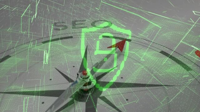 Shield appearing around arrow, dial rotating CCW with overlays, SEO label fading mapping direction