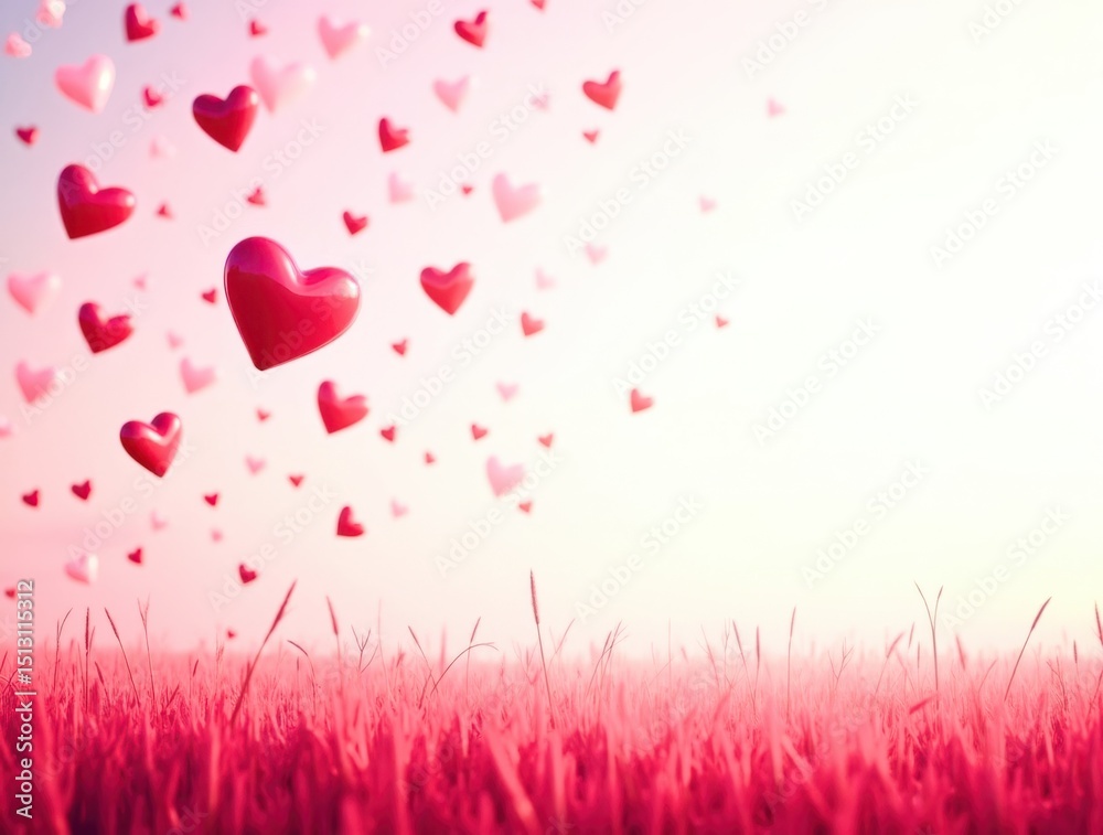 Poster a field of red grass with many hearts floating in the air