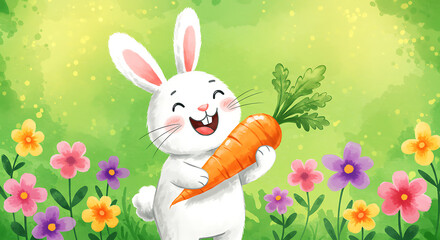 Rabbit Holding Carrot on Flower Field