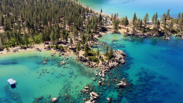 Lake Tahoe - Aerial Fly Over of Sand Harbor on Perfect Day - 1 Minute