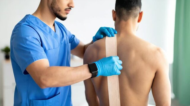 A healthcare professional applies kinesiology tape to a patient&rsquo;s upper back and shoulder in a clinical setting.