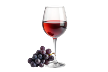 Glass of red wine with grapes isolated on transparent background