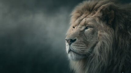 Fototapeta premium Majestic Lion Portrait: A captivating portrait of a magnificent male lion, exuding power and regal presence, set against a dramatic, moody backdrop.