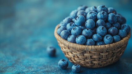 Harmonious Blue Hues: A Wicker Basket Overflowing with Ripe, Luscious Blueberries Against a Tranquil Azure Background