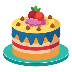 Delightful Layered Cake with Cherries, Chocolate Drops, and Blue Drip Icing Decoration