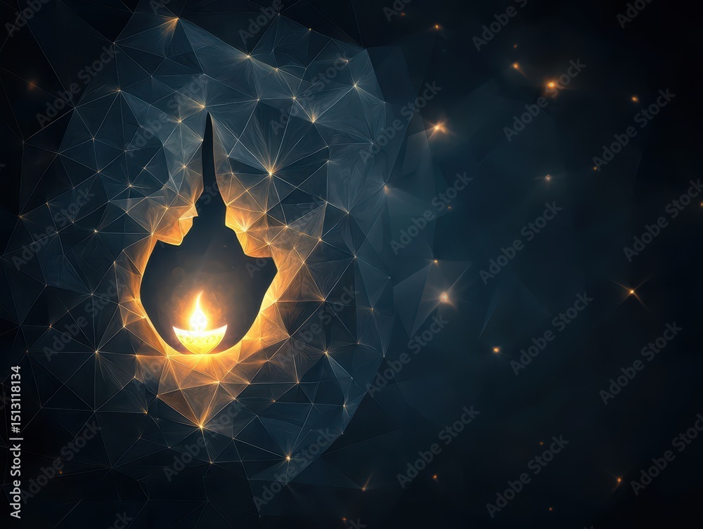 Poster diwali women holding concept. illuminated lantern surrounded by a web of geometric lines and stars i
