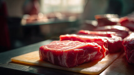 Close up of raw beef steaks on a wooden cutting board in a kitchen with natural lighting shining on them