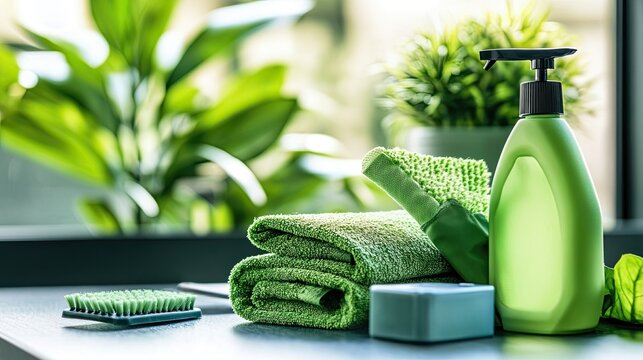 Close up of green cleaning solutions for office spaces using plant-based detergents, non-toxic disinfectants, reusable microfiber cloths, and eco-friendly cleaning tools for reducing waste