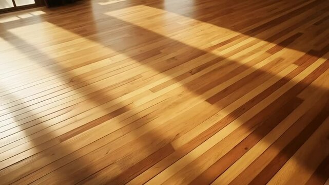 A view of a wood floor with light streaming in through a window creating shadows on the surface background texture video