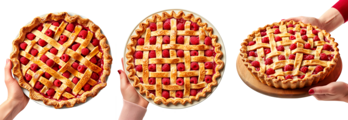 Hand holding a raspberry pie with lattice crust isolated on white transparent background. Concept of homemade dessert.