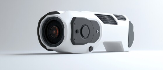 Fototapeta premium Camera design with a sleek, modern appearance featuring a cylindrical body and advanced lens technology.