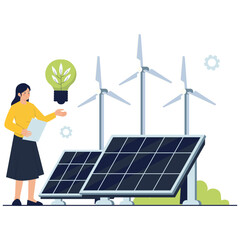 Woman analyzing wind turbines and solar panels promoting clean and green energy.