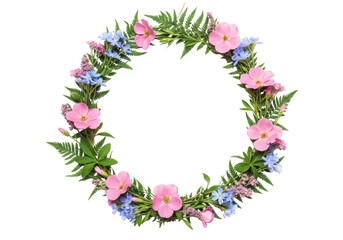 Obraz premium Floral wreath with pink and blue flowers and green ferns isolated on transparent background