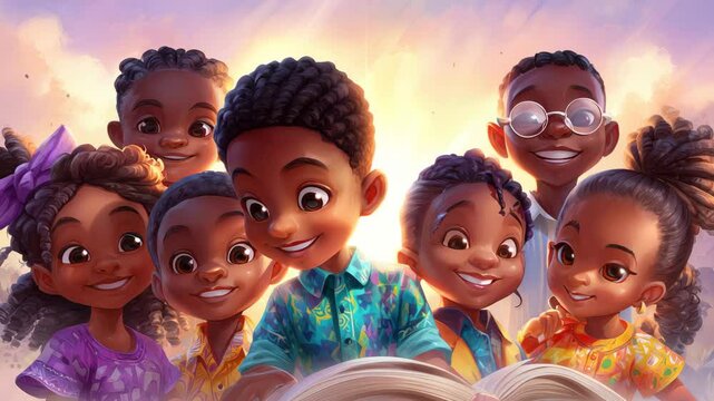 Group of happy children reading a book