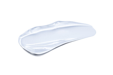 The sample is a smear of transparent cosmetic gel or cream. Isolated on a white background