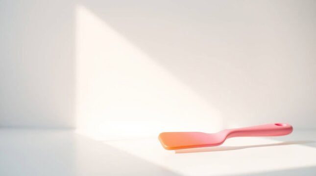 A single, vibrant, pinkish-orange spatula rests on a bright white surface, bathed in sunbeams creating a triangular highlight