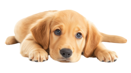 Cute 7 weeks old Labrador dog puppy, laying down facing front. Head down looking tired beside camera. Isolated cutout on a transparent background.