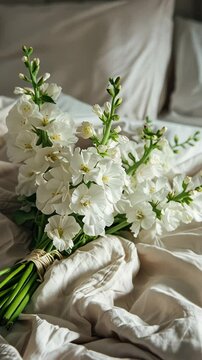 This video features a stunning bouquet of white matthiola flowers elegantly arranged and placed on a soft, inviting bed, creating a serene and delicate atmosphere in the room.