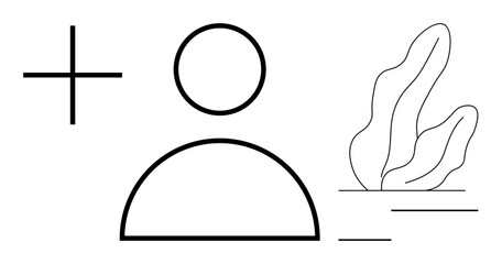 User icon with plus sign for adding profiles, accompanied by abstract plant graphics. Ideal for user onboarding, member registration, fresh design, nature-based apps, social media, growth concept