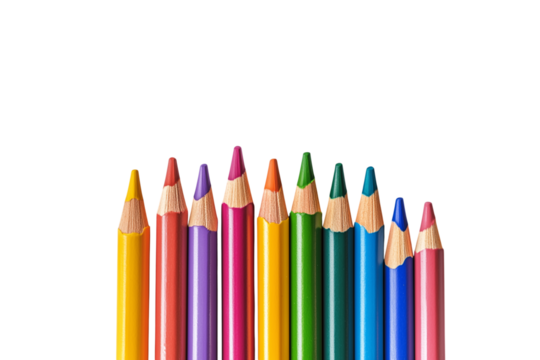 Colorful pencils arranged in a row isolated on transparent background