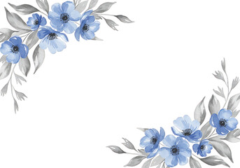 Watercolor floral frame with blue flowers and grey leaves isolated on transparent background
