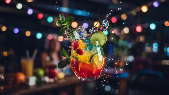 colorful cocktail on the bar, Close-up of a colorful cocktail with splashes and ice flying mid-air, garnished with lime and mint, vibrant background lights, party vibes