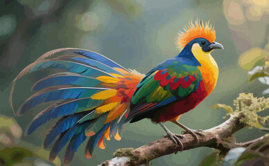 Exotic Rainbow Bird with Vibrant Feathers Perched on a Forest Branch