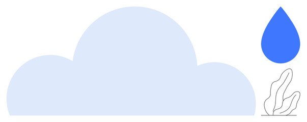 Large blue cloud with blue raindrop, simple plant line drawing symbolizing sustainability, life cycles, water conservation. Ideal for eco branding, environment, business, nature, water resource