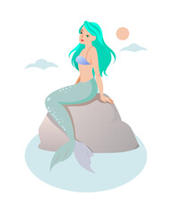 Fototapeta premium Turquoise mermaid sitting on rock under soft sky