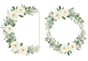 Watercolor floral wreath and frame with white roses and green leaves isolated on transparent background