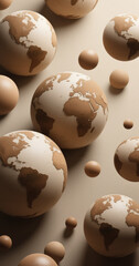 Globes showing continents floating on a beige background