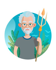 Elderly man with trident and underwater plants background
