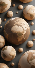 Globes of the world showing continents and oceans on a gray background