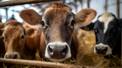 A close up view of cows in a barn with hay on the ground and wooden fence in the foreground looking forward