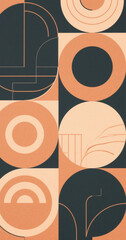Abstract geometric pattern of circles and squares in peach and navy