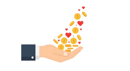Obraz premium Charity donation concept hand holding money and hearts concept for donation charity and love with gold coins and red hearts icons